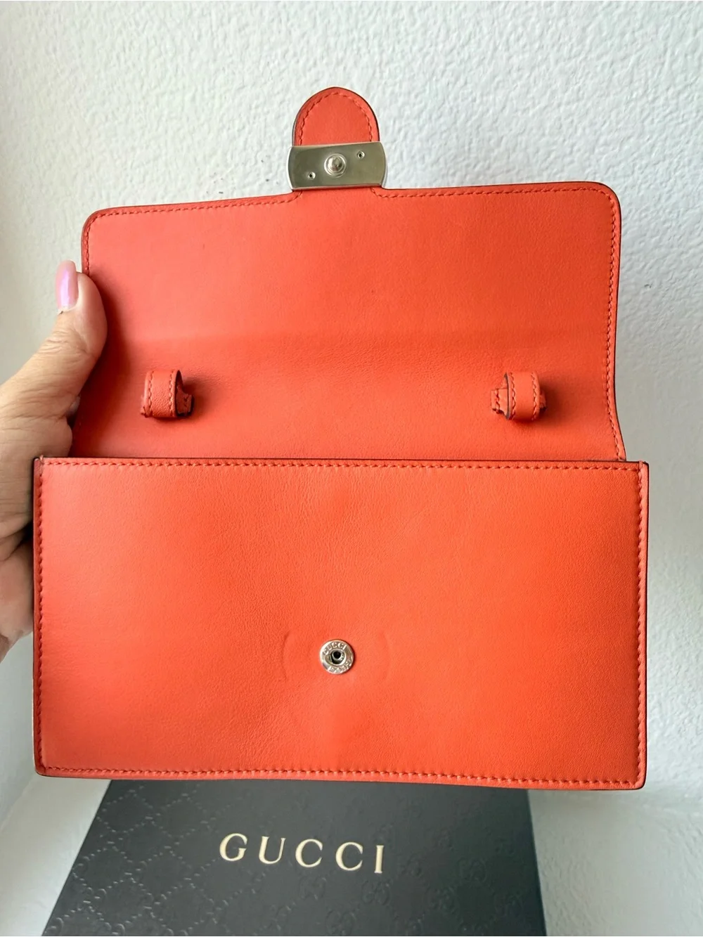 GUCCI Coral Orange Leather Wallet on Chain Crossbody/ Clutch with Interlocking G